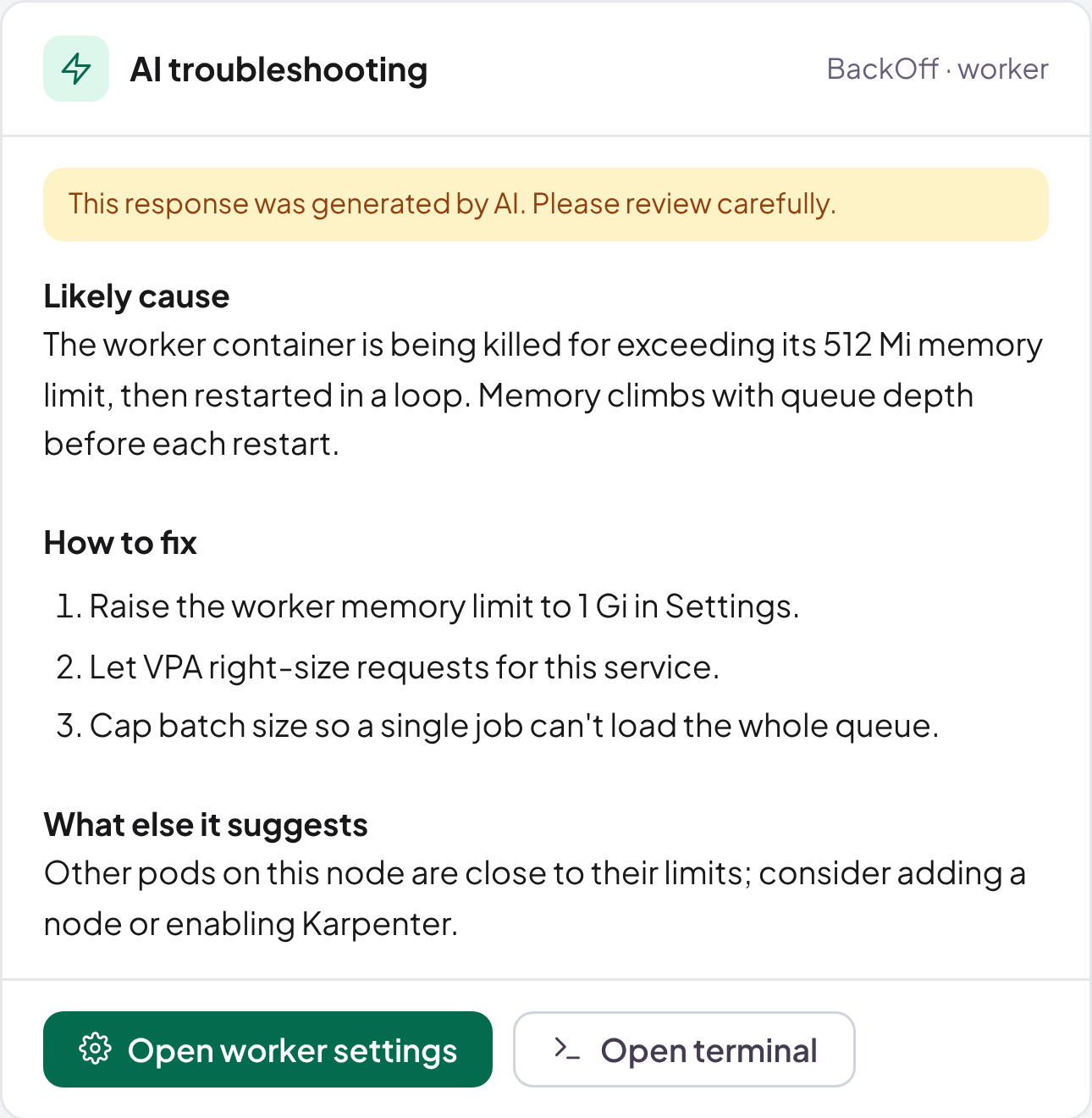 AI troubleshooting panel: the worker container exceeds its 512Mi memory limit; raise it to 1Gi, let VPA right-size requests, cap batch size