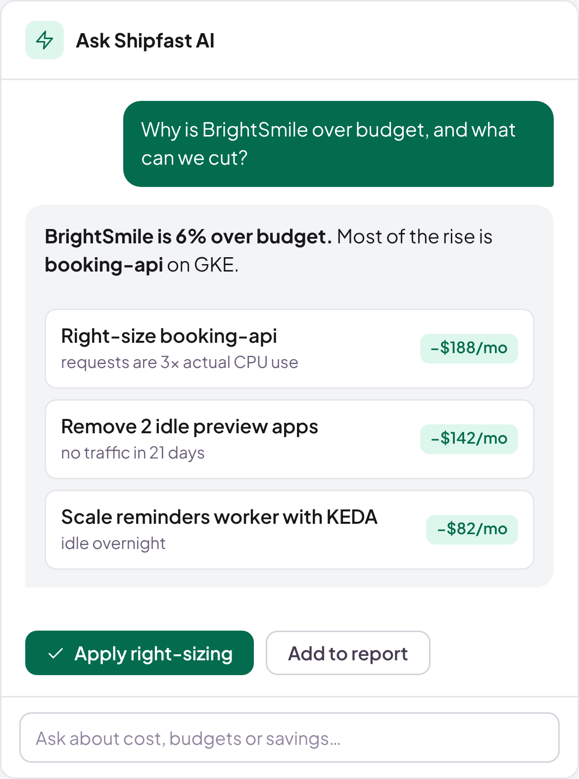 Ask Shipfast AI why a client is over budget and what to cut