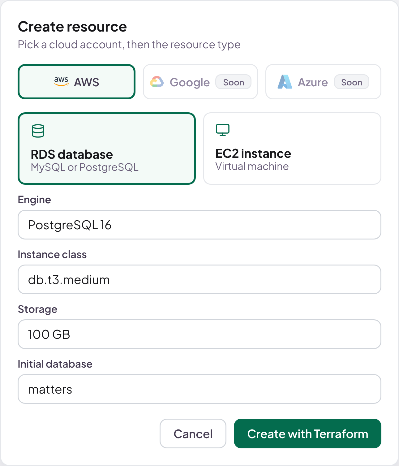Create resource panel: pick AWS, then an RDS database or an EC2 instance