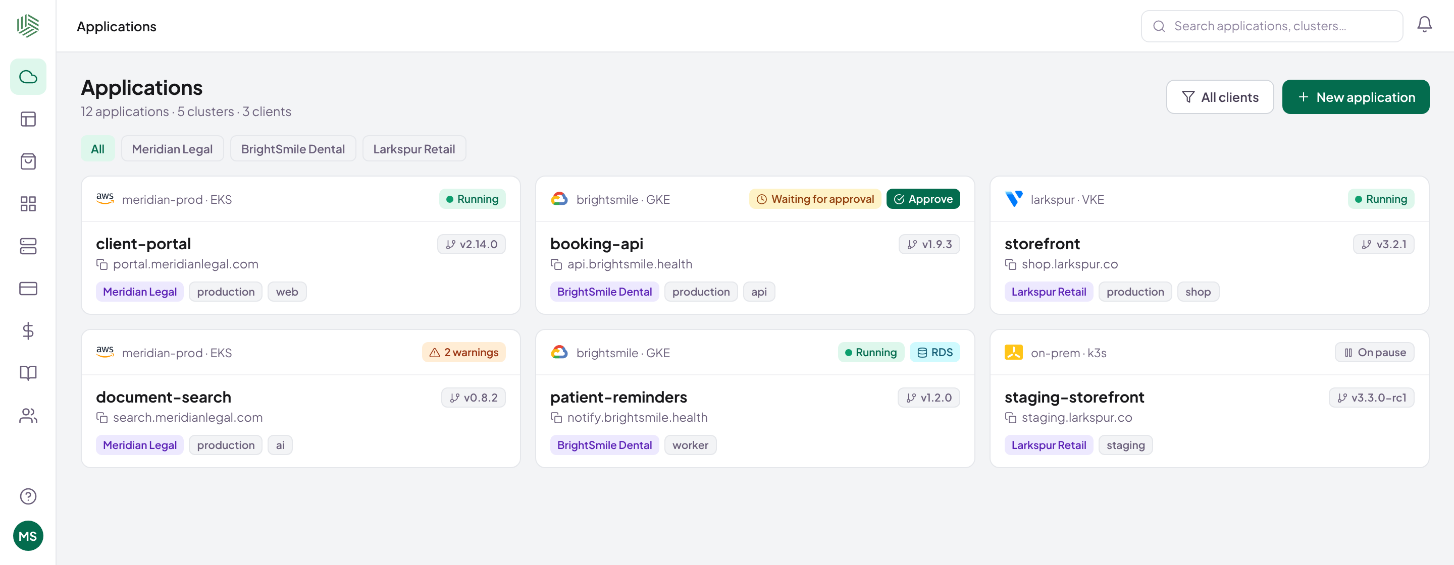 Shipfast application list: every app across clusters with status, versions and approvals