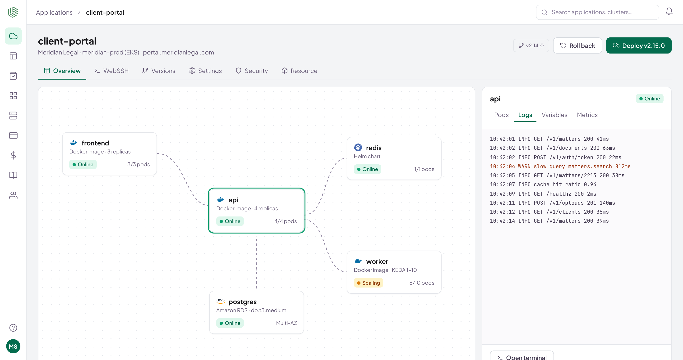 Application service map with live logs